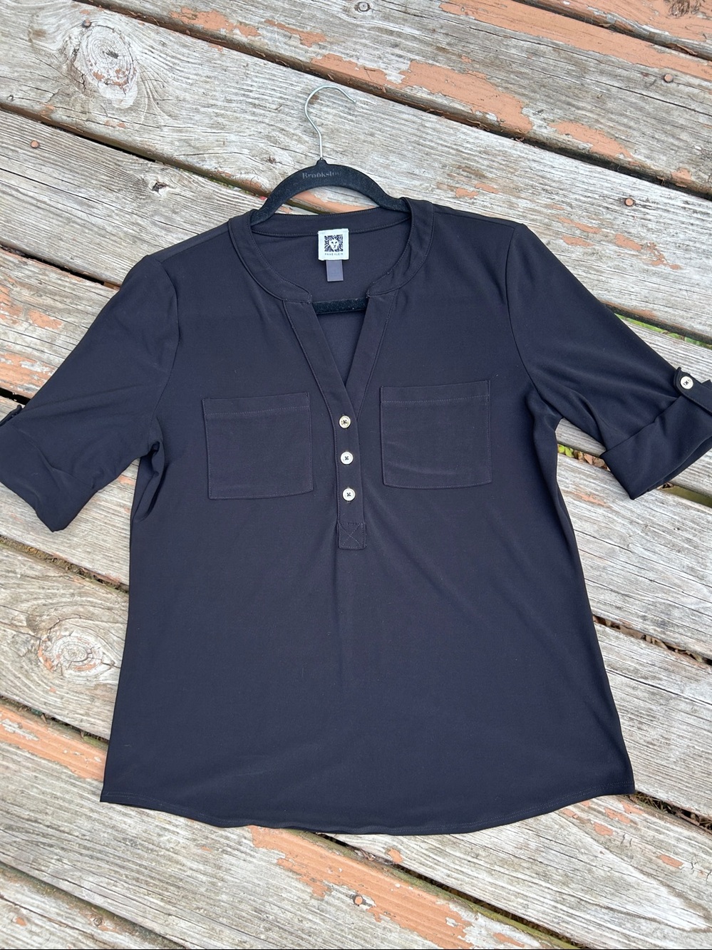 Anne Klein Black V-Neck Roll-Tab Sleeve Blouse with Front Pockets